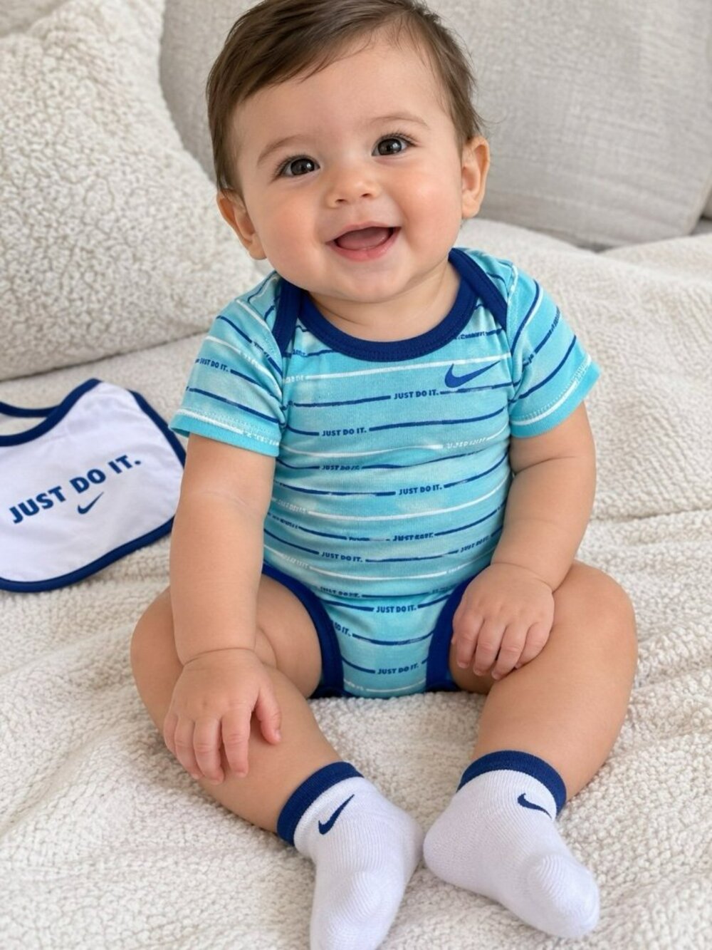 6-12 MONTHS NIKE NEWBORN MY FIRST SET BABY BOYS BLUE Bodysuit / socks / bib